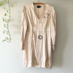 Lottie Hall Cream Black Silk Embroidered Faux‎ Wrap Dress 14